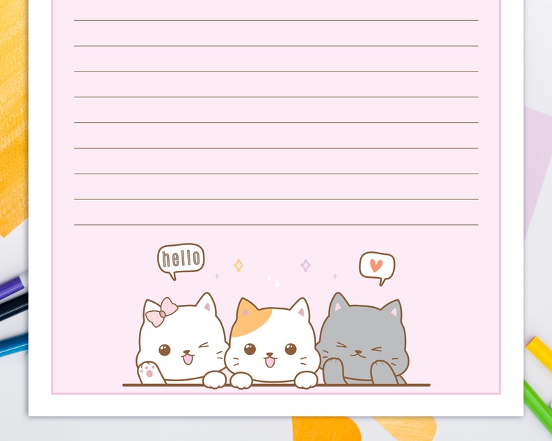 Kawaii Stationery Printable for kids, Printable Letter Writing with cute cat kitten, cute stationary image 4
