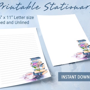 Printable Stationery lined paper, Watercolor book background Printable Writing Paper, Letter Writing Paper, Personalized notepad