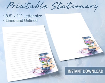 Printable Stationery lined paper, Watercolor book background Printable Writing Paper, Letter Writing Paper, Personalized notepad