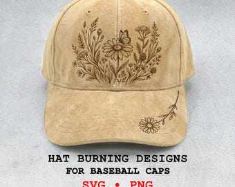 Botanical Hat Burning SVG, Wildflower Daisy and Butterfly Design for Laser Engraved Baseball Caps