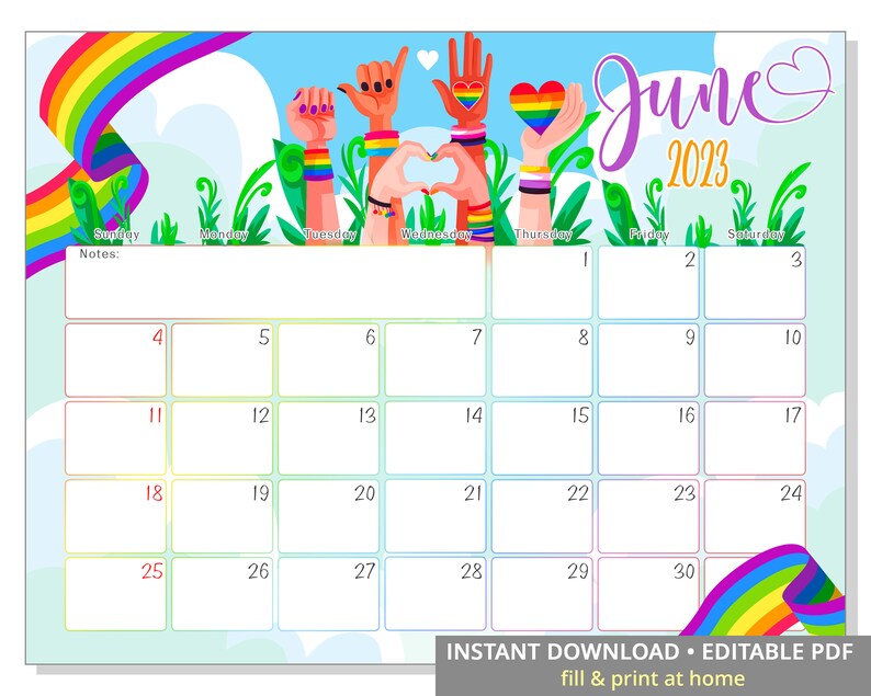 Editable June 2023 Calendar Pride Month LGBT Queer Digital Etsy