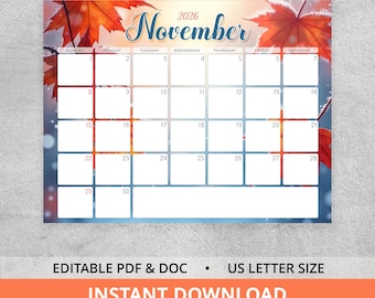 Calendario editable de otoño de noviembre de 2026, planificador de otoño imprimible con hojas.