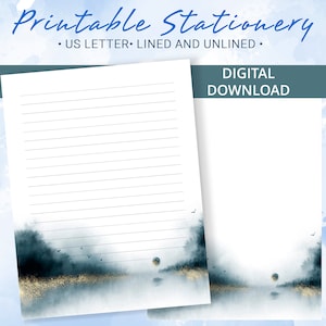 May include: Printable stationery featuring a blue and gold watercolour design with a moon and birds. The stationery is available in lined and unlined options. The text "Printable Stationery" and "US Letter - Lined and Unlined" is at the top of the image. The text "Digital Download" is at the top right of the image.