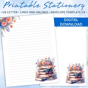Papel rayado imprimible, papel para escribir imprimible con una pila de libros y flores, papel para escribir cartas, incluye plantilla de sobre