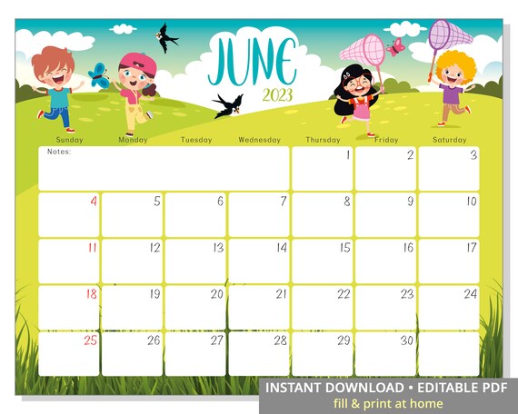 Editable June 2023 Calendar Children's Summer Wall - Etsy