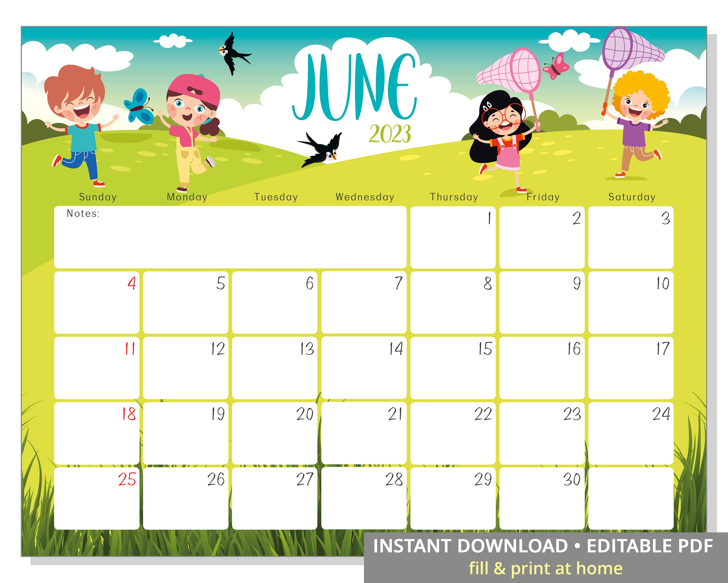 Editable June 2023 Calendar Children's Summer Wall - Etsy Denmark
