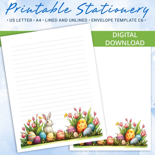 Druckbares Briefpapier mit Ostern Hintergrund, Frohe Ostern druckbare Briefpapier, Goodnotes-Vorlage, Inklusive Umschlag-Vorlage