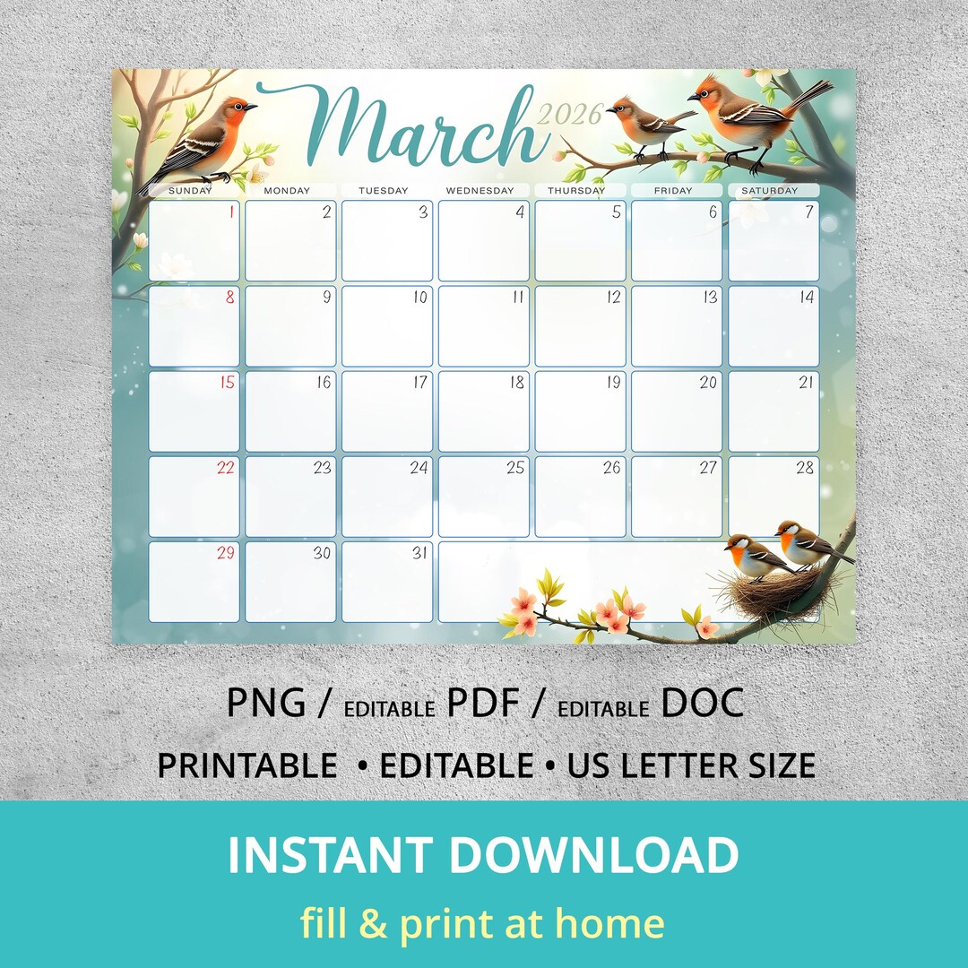 Editable March 2026 Calendar With Birds, Spring Printable Monthly ...