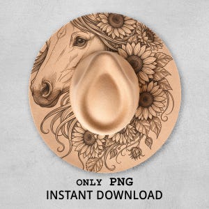 May include: A tan fedora hat with a horse head and sunflower design. The hat features a light brown crown and brim, with a detailed illustration of a horse and sunflowers on the brim. The text "ONLY PNG INSTANT DOWNLOAD" is at the bottom.