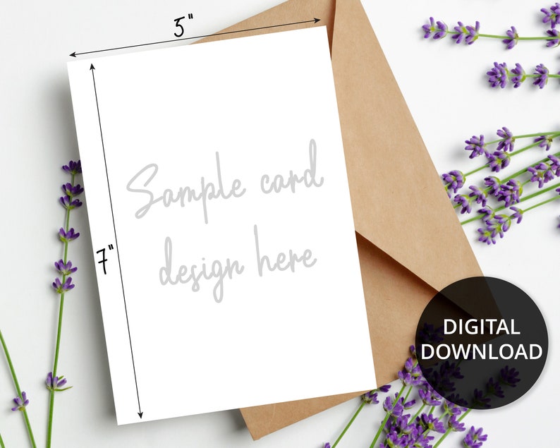 May include: A blank white card with the text "Sample card design here" in gray. The card is 7 inches tall and 5 inches wide. The card is sitting on a brown envelope.
