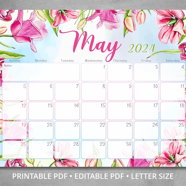 Editable May 2024 Calendar with tulips,  Floral wall calendar 2024 with spring flowers, Fillable monthly planner, Printable college planner