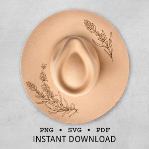May include: A beige fedora hat with a wide brim, featuring a decorative floral design in brown. The hat has a rounded crown and is adorned with a lavender sprig illustration. The text "PNG • SVG • PDF INSTANT DOWNLOAD" is at the bottom.