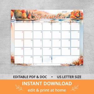 September 2026 Calendar, Editable Monthly Planner, Autumn Watercolor Landscape, Printable PDF DOC