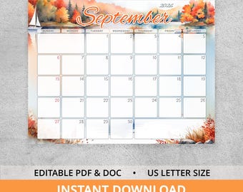 September 2026 Calendar, Editable Monthly Planner, Autumn Watercolor Landscape, Printable PDF DOC