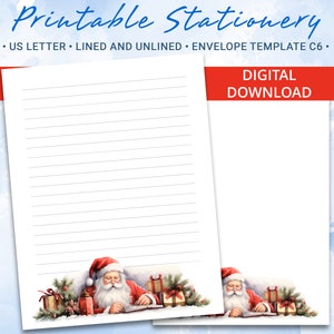 Papelaria para impressão de inverno, papel de carta para impressão com papai noel e presentes de natal, modelo Goodnotes, inclui modelo de envelope C6