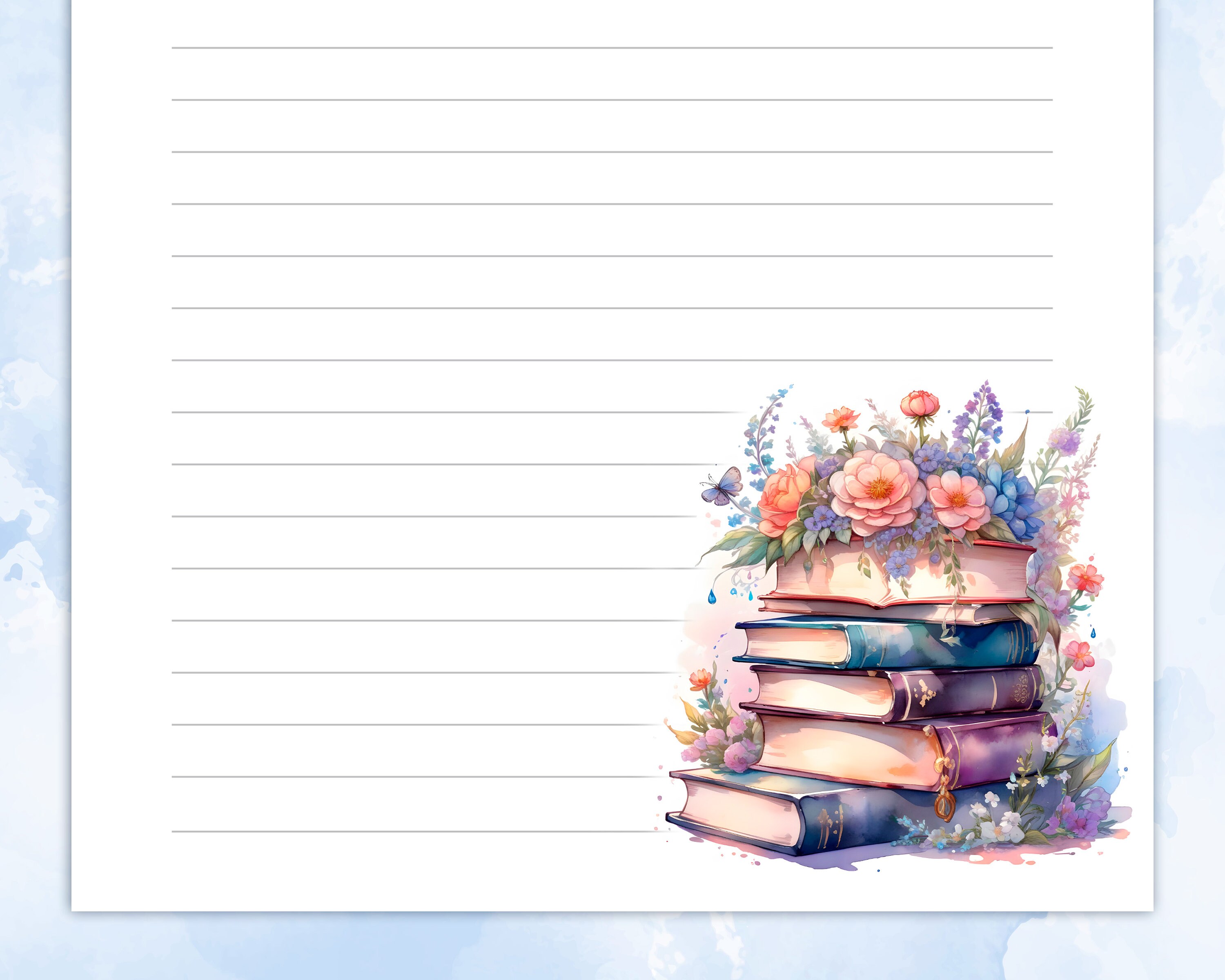 Druckbares Briefpapier, liniertes Papier mit einem Stapel Bücher und