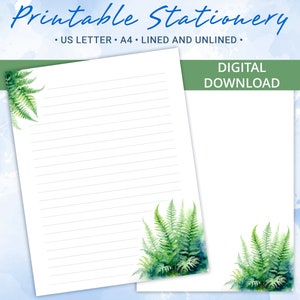 Papel rayado imprimible, papel para escribir cartas con hojas de helecho, tamaño A4 y carta de EE. UU., plantilla de Goodnotes, licencia comercial