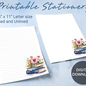 Papel rayado imprimible, papel de carta imprimible con una pila de libros con flores, papel para escribir cartas, bloc de notas personalizado