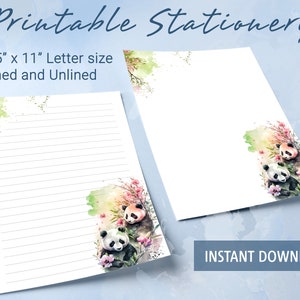Papel rayado imprimible con panda de acuarela, papel para escribir imprimible, plantilla de Goodnotes, papel rayado digital