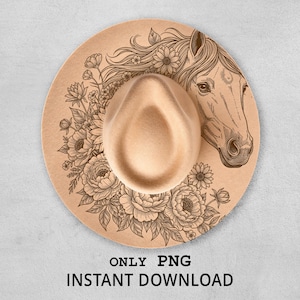 May include: A beige hat with a horse head and floral design. The hat has a wide brim with an engraved illustration of a horse's head and a floral arrangement. The text "ONLY PNG INSTANT DOWNLOAD" is at the bottom.