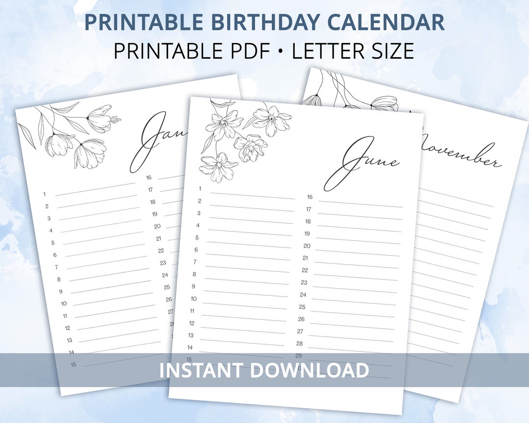 Birthday Calendar Printable, Perpetual Monthly Calendar, Floral ...