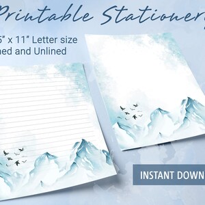 Papel rayado imprimible con paisaje de montañas congeladas, papel para escribir imprimible, plantilla de Goodnotes