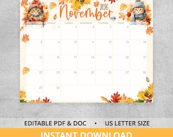 November 2026 Calendar Printable, Cozy Fall Cats in Hats Editable Planner
