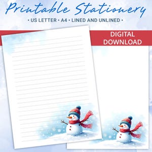 Papel rayado imprimible, papel para escribir cartas con un lindo muñeco de nieve, tamaño A4 y carta de EE. UU., plantilla de Goodnotes