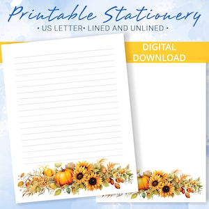 Papelería imprimible de otoño, papel para escribir imprimible con calabazas y flores de girasol, plantilla de Goodnotes