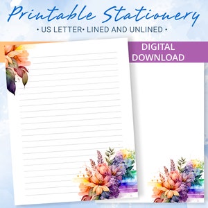 Papel rayado imprimible con flores de colores en colores del arco iris, papel para escribir imprimible, plantilla de Goodnotes