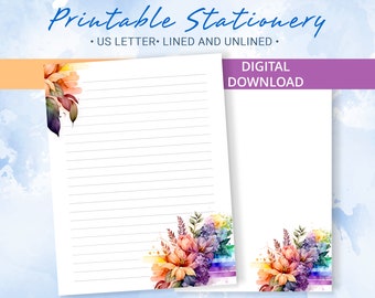 Printable Stationery lined paper with colorful flowers in rainbow colors, Printable Writing Paper,  Goodnotes template