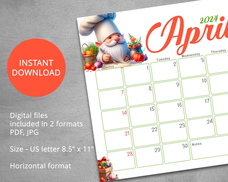 Editable April 2024 Calendar, Printable Fillable Planner Gnome Chef