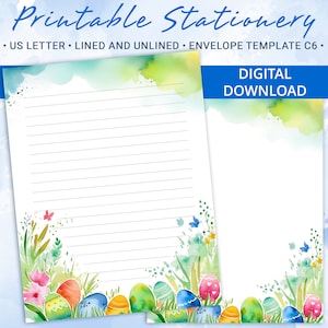 Papel de carta imprimible con fondo de Pascua, papel de carta imprimible con texto Feliz Pascua, plantilla Goodnotes, incluye plantilla de sobre