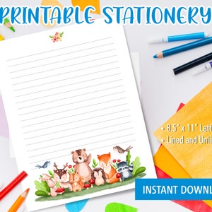 Cancelleria stampabile per bambini, carta da lettere stampabile con illustrazioni ad acquerello di animali del bosco, modello Goodnotes