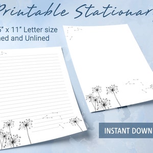 Papel rayado imprimible en blanco y negro, papel para escribir imprimible, flores de diente de león, plantilla de Goodnotes