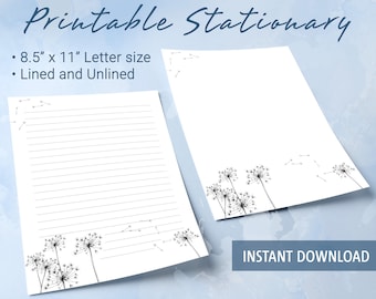 Black & White printable stationary lined paper, Printable Writing Paper, Dandelion flowers, Goodnotes template