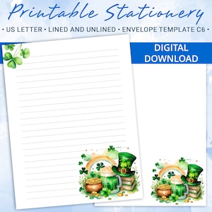 Papel de carta imprimible con el Día de San Patricio, papel para escribir imprimible, plantilla de Goodnotes, incluye plantilla de sobre