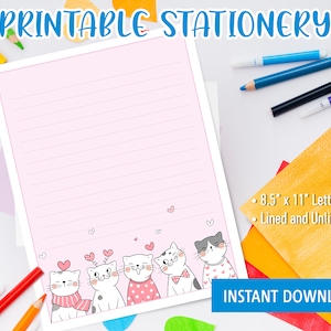 Papelería Kawaii Imprimible para Niños, Escritura de Cartas Imprimible con Lindos Gatos y Pequeños Corazones, Linda Papelería