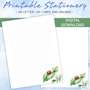 Papel rayado imprimible, papel para escribir cartas con una mariquita sobre una hoja, tamaño A4 y carta de EE. UU., plantilla de Goodnotes, licencia comercial