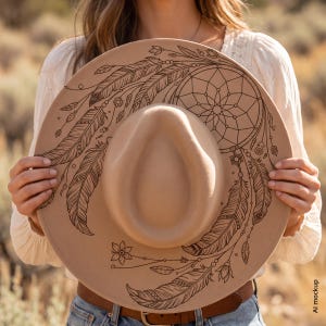 Dreamcatcher Hat Burning Design, Boho Western Hat Engraving Template with Feathers, PNG PDF image 7