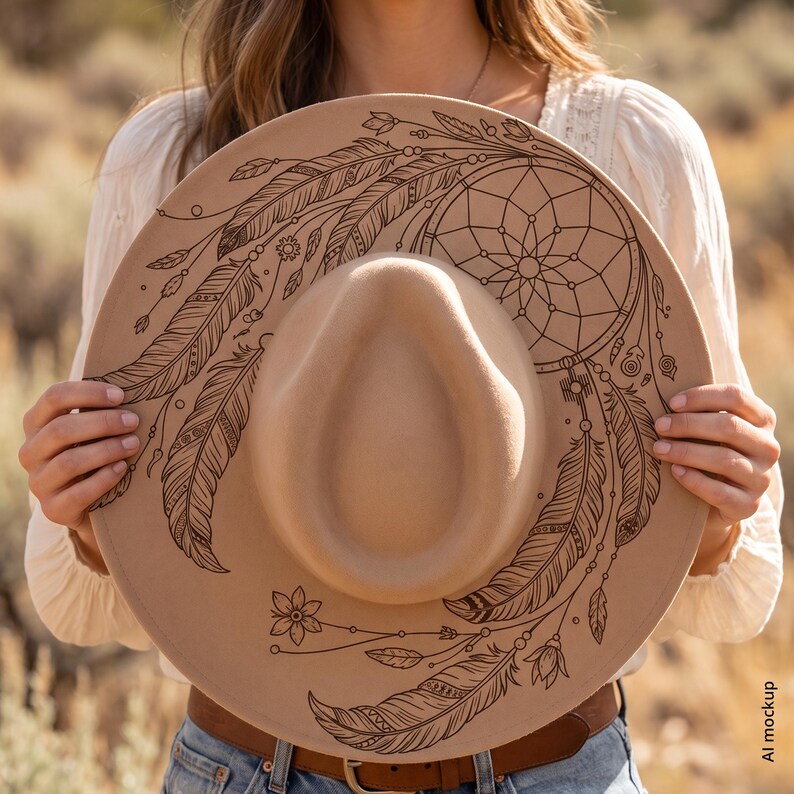 Dreamcatcher Hat Burning Design, Boho Western Hat Engraving Template with Feathers, PNG PDF image 7