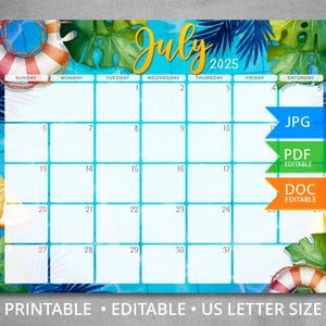 Calendario de julio de 2025 editable, calendario de verano en acuarela, tamaño carta, inicio en domingo, descarga instantánea.