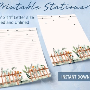Papel de carta imprimible, papel de carta con acuarela para valla de jardín, papel de carta botánico, bloc de notas personalizado