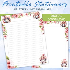 Papel rayado imprimible, papel para escribir cartas con adorables gnomos, tamaño carta (EE. UU.), plantilla para Goodnotes.