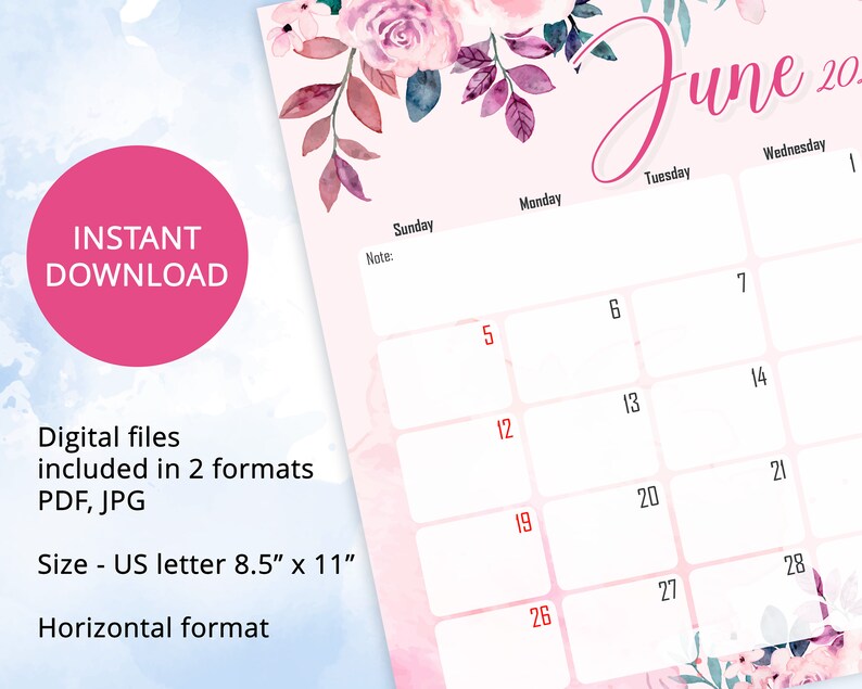 Editable June Calendar 2022 Wall Calendar 2022 Floral Summer Etsy