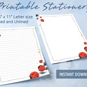 Papel rayado imprimible con mariquitas y hojas, papel para escribir imprimible, plantilla de Goodnotes