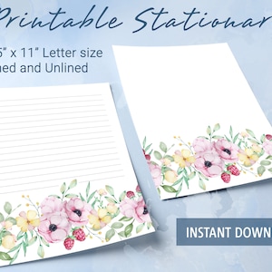 Papel rayado para papelería imprimible con motivos florales, papel para escribir imprimible, anémonas rosas con acuarela, plantilla de Goodnotes