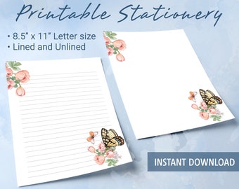 Butterfly Printable Stationery,  Letter Writing Stationery,  Lined and Blank Paper,  Goodnotes template