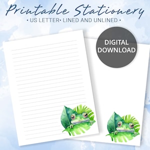 Papel rayado imprimible, papel de carta imprimible con rana en una hoja, papel para escribir cartas, bloc de notas personalizado