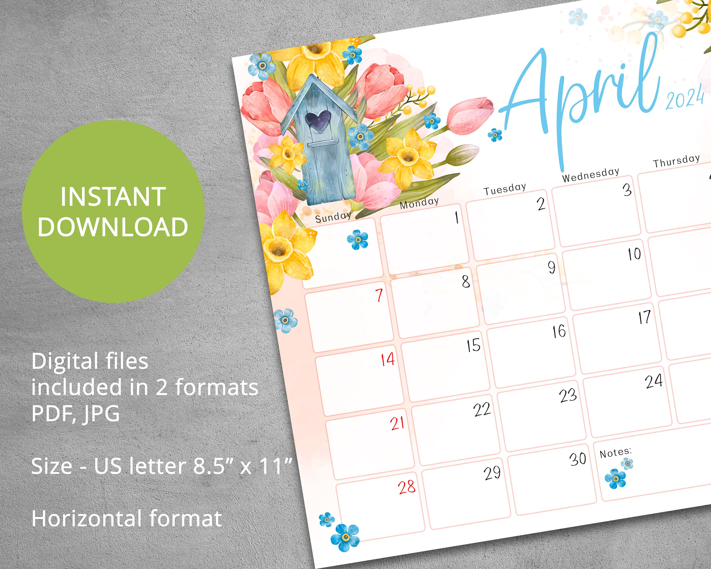 Editable April 2024 Calendar, Spring Floral Printable Fillable Planner ...